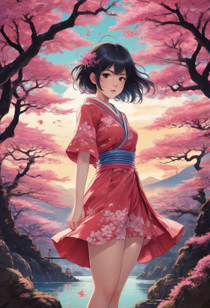 A dynamic and colorful collage showcasing iconic scenes from various hentai anime and manga. Include characters with exaggerated expressions and whimsical poses, surrounded by elements like vibrant sakura trees, intricate patterns, and stylized visual effects. The background should radiate a fantasy atmosphere, blending traditional Japanese aesthetics with adult themes. Highlight the fusion of art styles from hand-drawn illustrations to modern digital graphics. anime style, vibrant colors, blended art styles.