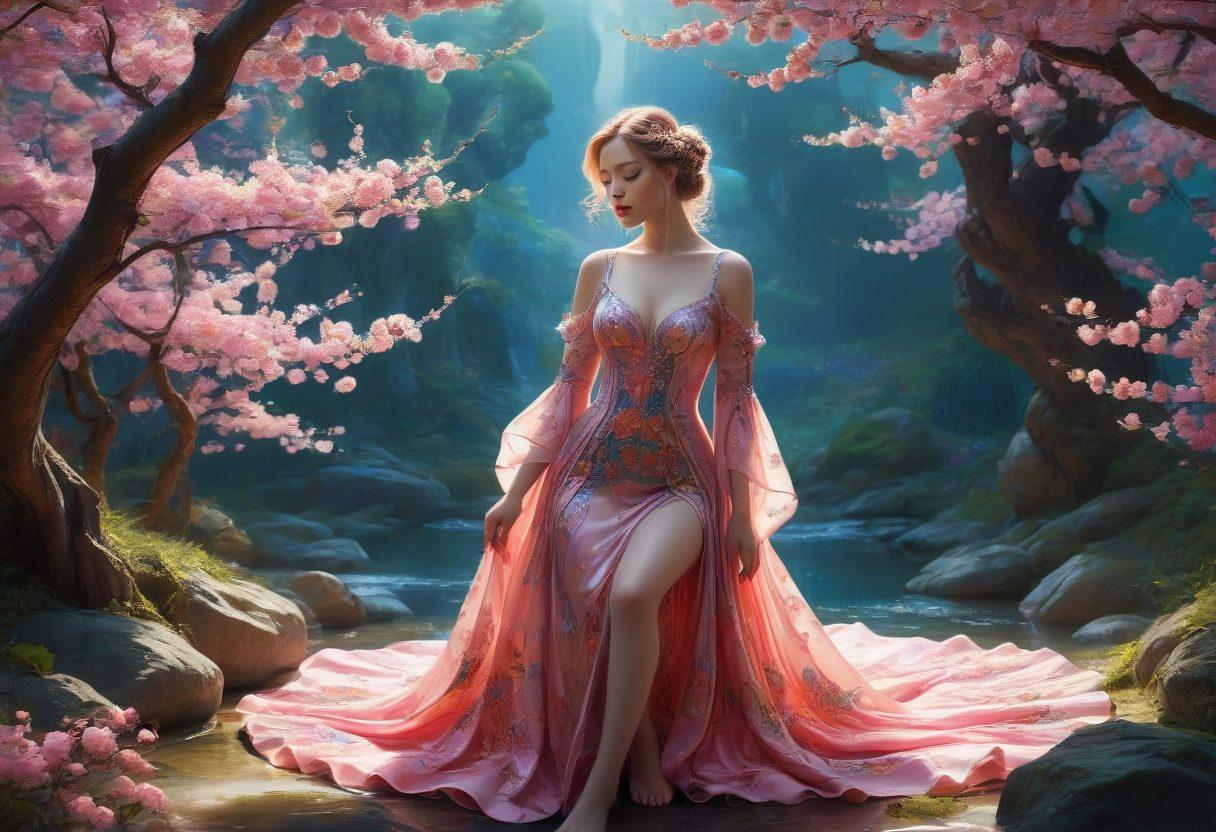 A visually striking composition featuring a surreal landscape of vibrant colors, blending elements of fantasy and sensuality. Depict ethereal figures embodying various fetishes, surrounded by intriguing and playful motifs representing adult entertainment. Incorporate imaginative details like cherry blossoms and ornate patterns to enhance the allure. Emphasize a dreamlike quality with a soft, glowing light. super-realistic. vibrant colors. fantasy art.